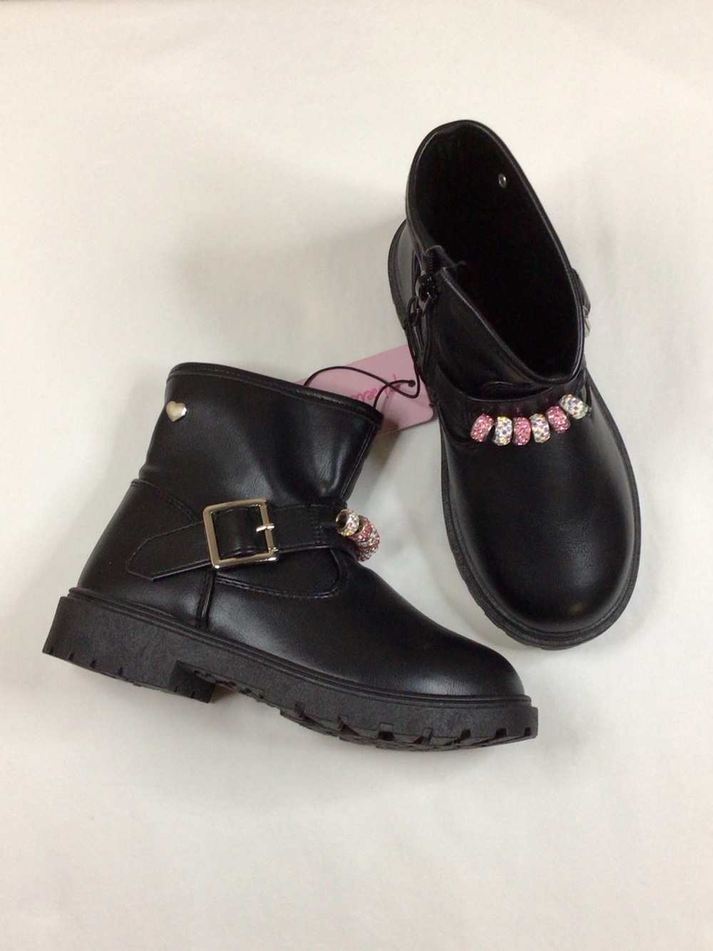 Black Kids Ankle Boots with Pink Beaded Accent